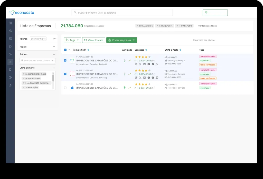 Lista de empresas na Plataforma Premium da Econodata